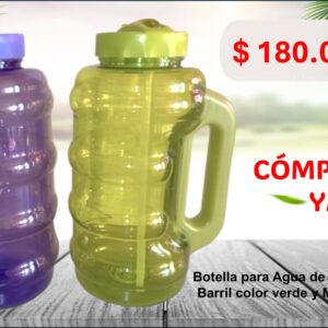 BOTELLA PARA AGUA DE 1.89 LT. DISEÑO DE BARRIL COLOR VERDE Y MORADO TRASLUCIDO